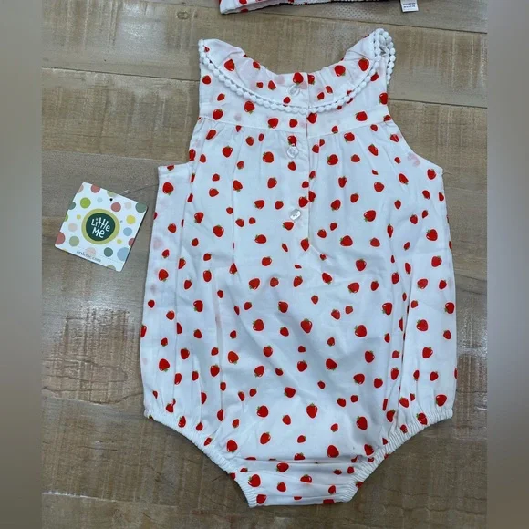 Little Me baby girl matching strawberry bubble romper onesie dress headband - Picture 5 of 8